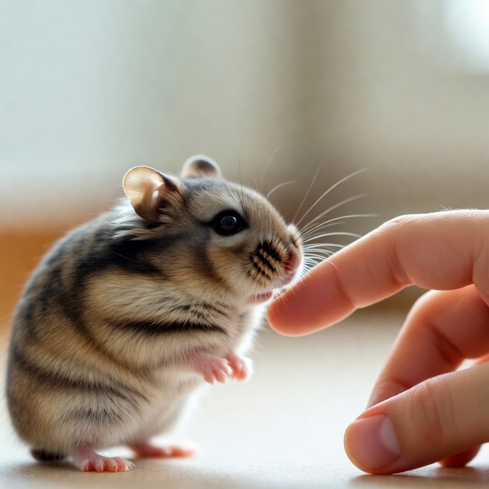 a hamster smelling a human's hand